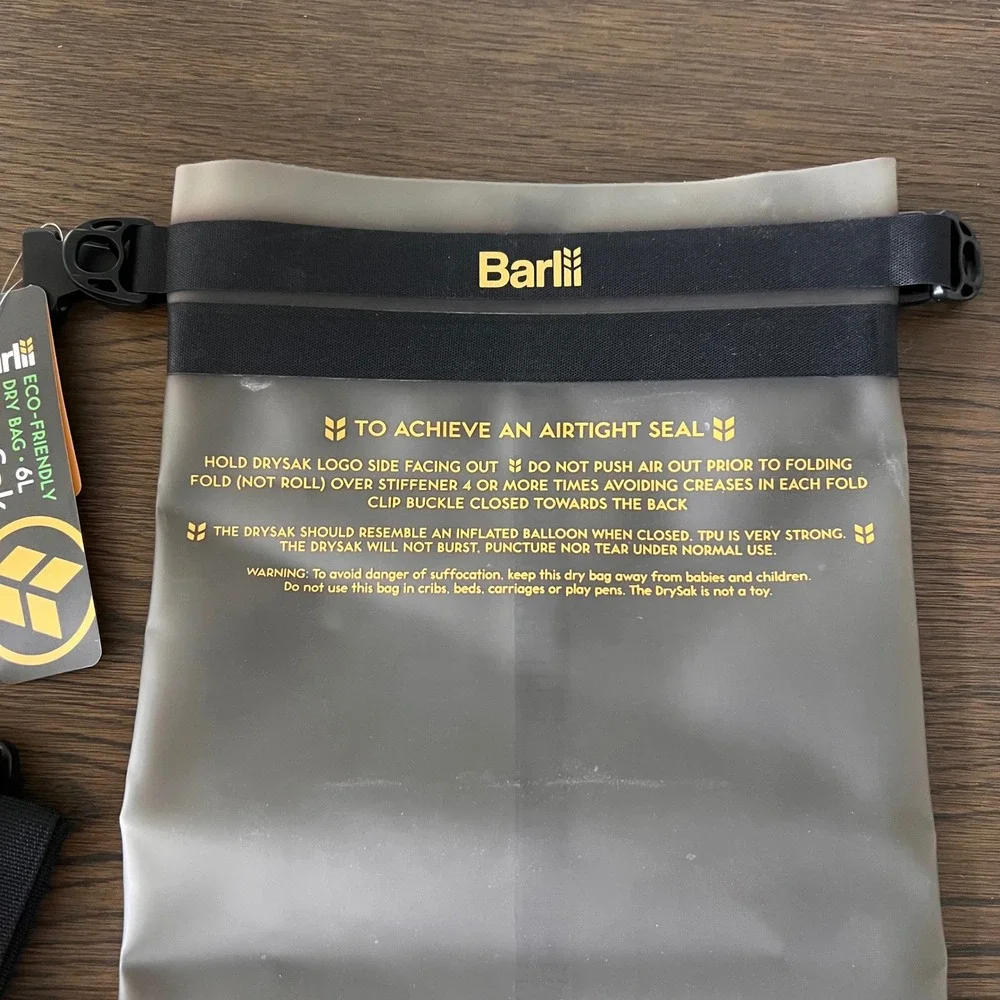 Barlii DrySak 6L Eco-Friendly TPU Dry Bag Waterproof Smoke Grey Gold Logo NEW